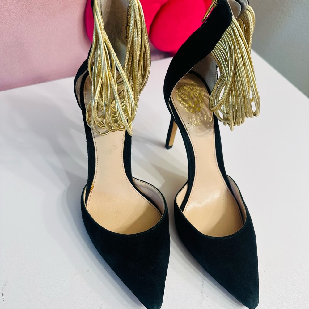 Vince Camuto Black Suede Pointed-Toe Heels with Gold Tassel Wrap